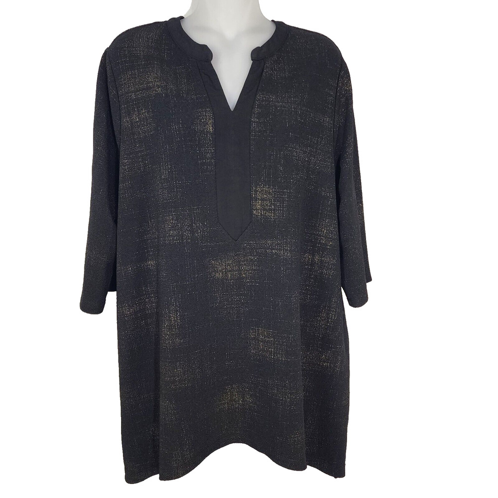 Catherines Tunic Top Women's 0X Black Gold 3/4 Sleeve Stretch Asymmetric Hem